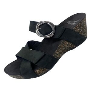 Dansko Womens Wedge Sandals Size 38 US 7.5–8 Black Leather Buckle Slide